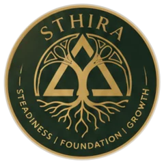 The Sthira seal: a gold tree whose canopy forms a gabled roofline, its roots spreading below, in a circular seal