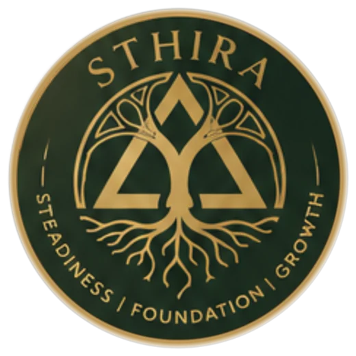 The Sthira seal: a gold tree whose canopy forms a gabled roofline, its roots spreading below, in a circular seal